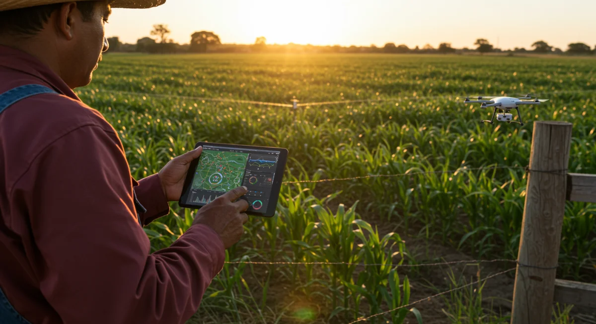 Agricultor mexicano monitoreando sistemas de riego inteligentes con una tablet, demostrando el impacto del 5G en la agricultura.