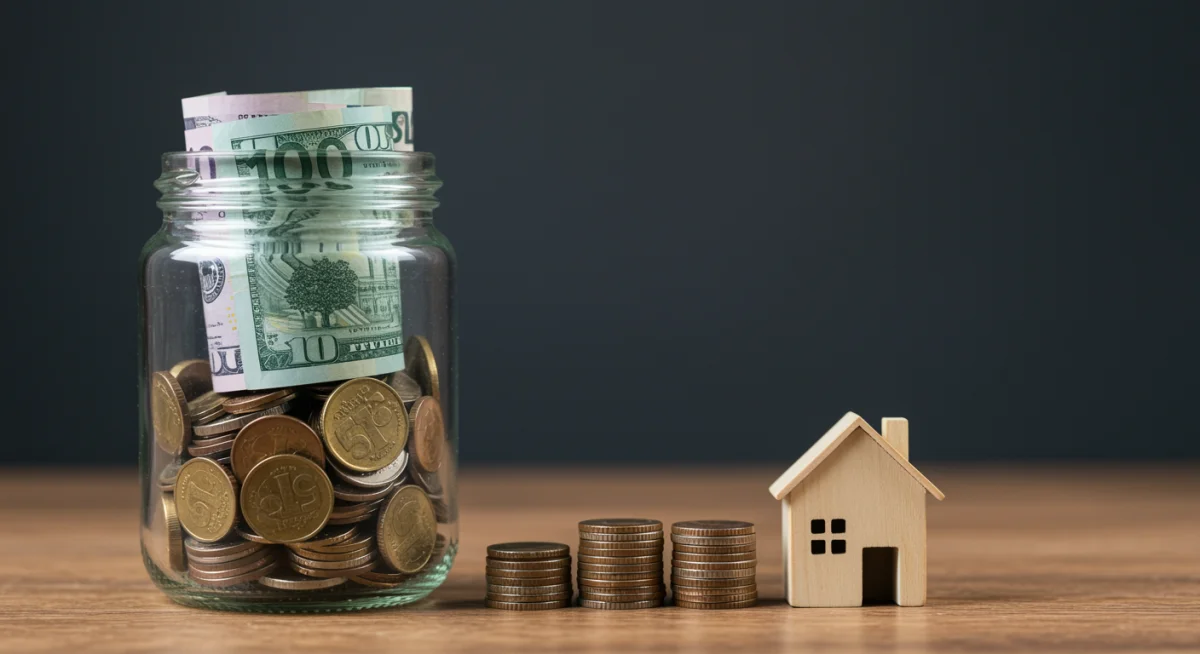 Monedas y billetes acumulándose en frasco transparente, representando ahorro para metas.