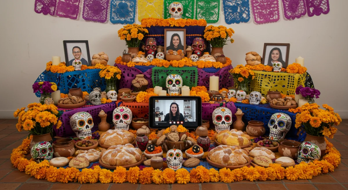 Altar de muertos tradicional con una tableta mostrando participación virtual de la familia.