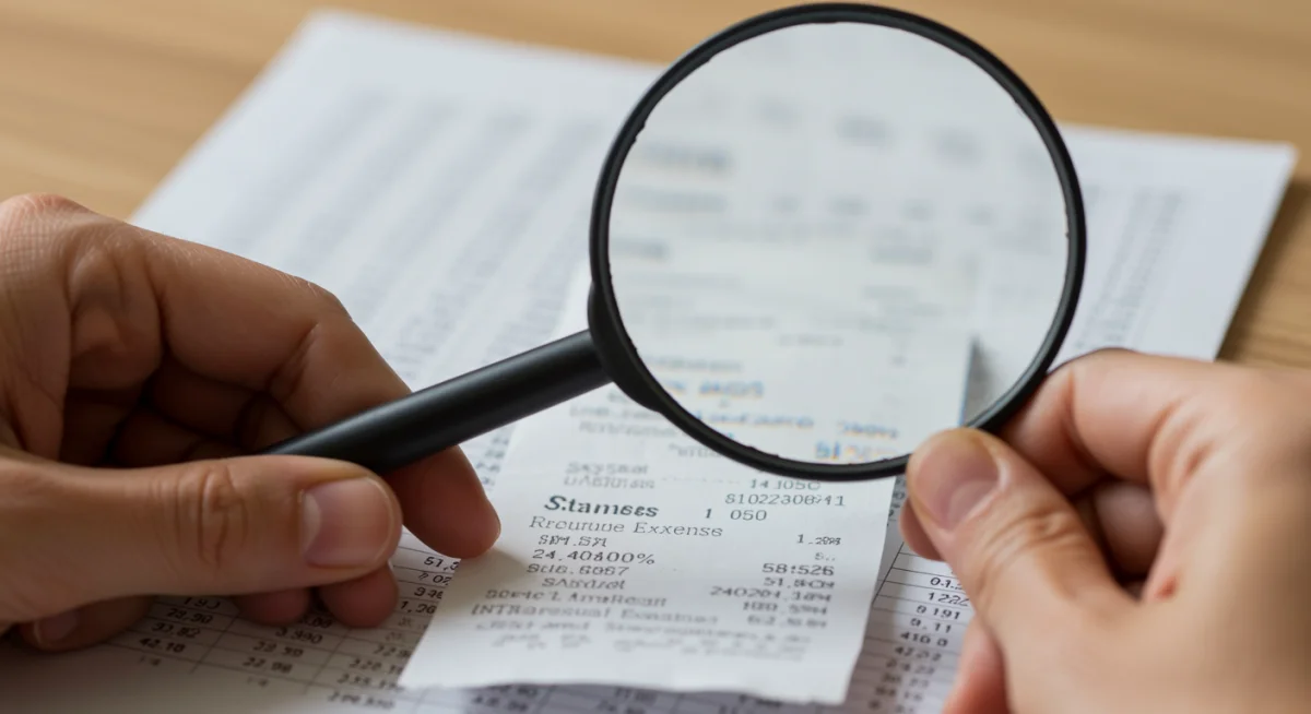 Persona analizando gastos pequeños con lupa en un recibo de compra.
