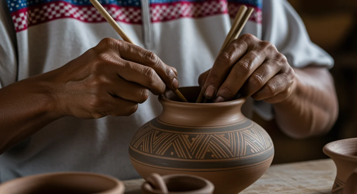 Artesano indígena mexicano creando cerámica tradicional, simbolizando la transmisión de conocimientos ancestrales.