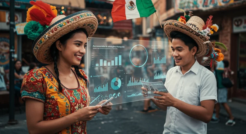 Emprendedor mexicano analizando datos en un panel de control digital, simbolizando Big Data para PYMES en México.