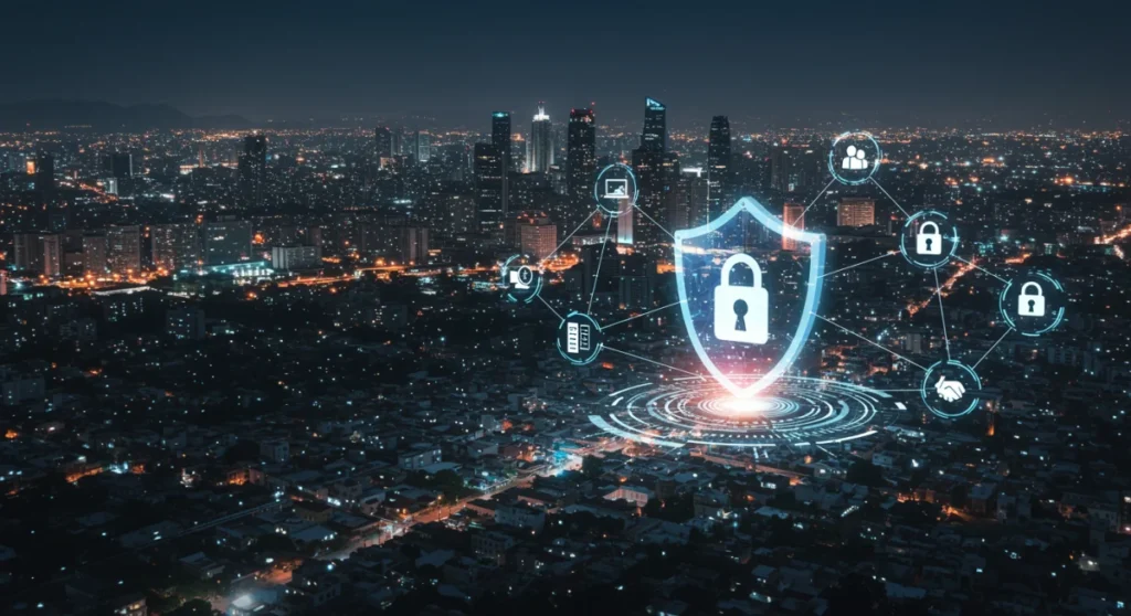 Paisaje digital seguro para empresas mexicanas 2026, con un escudo de ciberseguridad protegiendo datos.