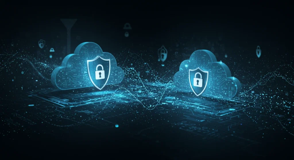 Infraestructura de ciberseguridad en la nube con escudos protectores y datos seguros, representando la protección contra amenazas emergentes en 2026.