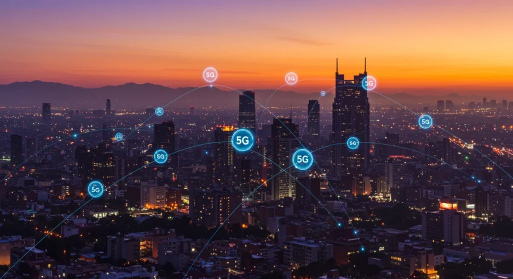 Paisaje urbano futurista de la Ciudad de México con símbolos 5G, representando la conectividad avanzada y el crecimiento económico impulsado por la tecnología.