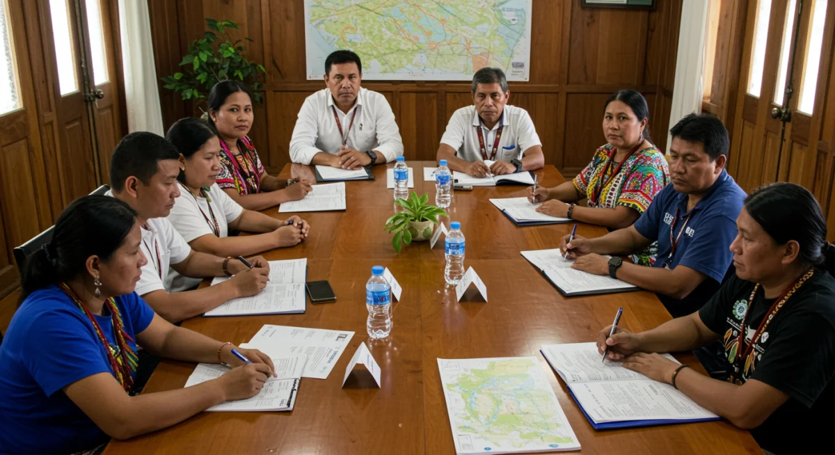Líderes indígenas y funcionarios gubernamentales dialogando sobre políticas de preservación cultural en México.