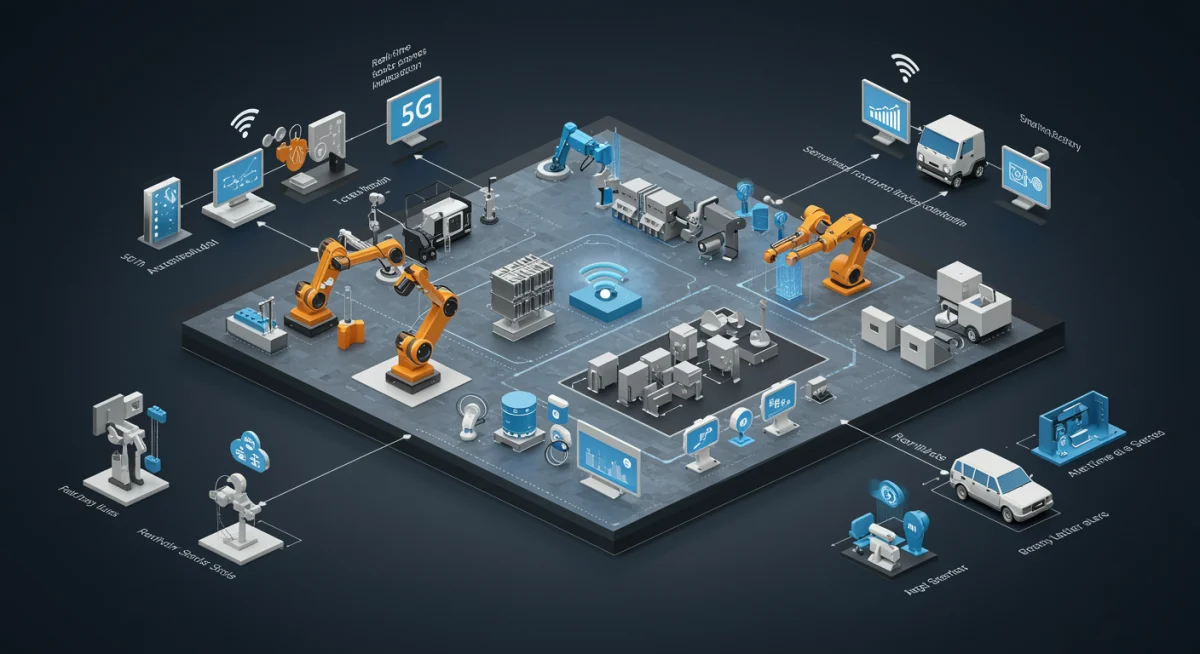 Diagrama de una fábrica inteligente con robots y sensores interconectados por 5G, ilustrando la automatización industrial.