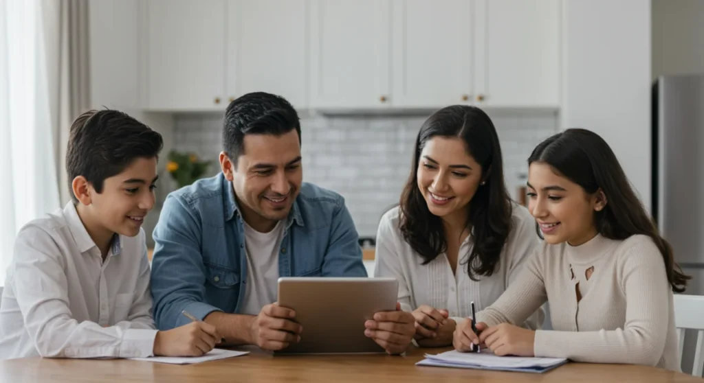 Familia mexicana feliz revisando presupuesto en tablet, ahorrando para el futuro.