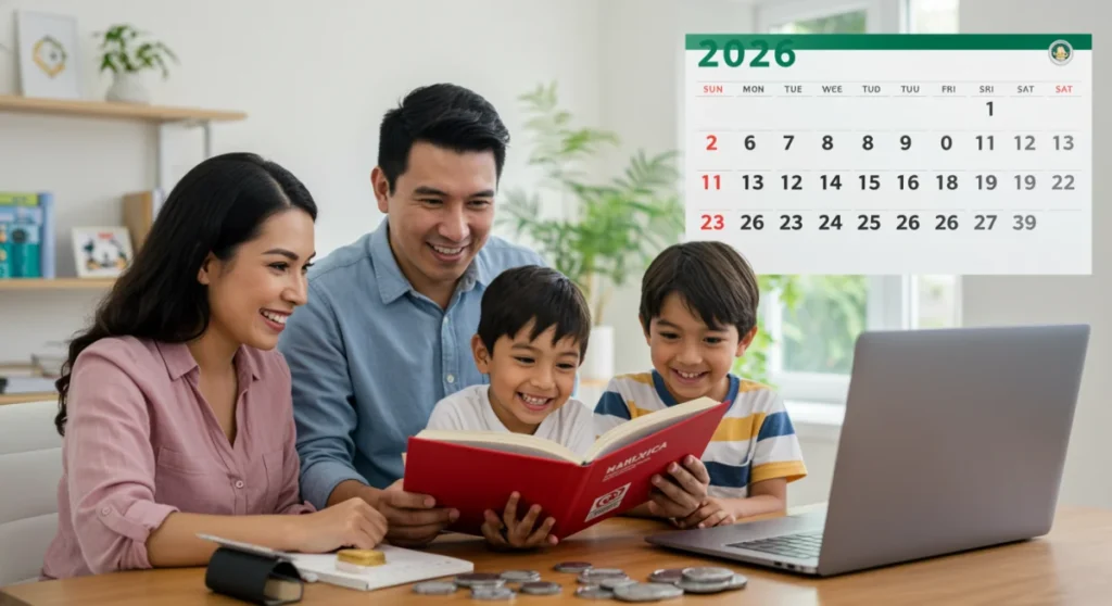 Familia mexicana planificando sus finanzas personales para el año 2026 con una tablet y documentos.