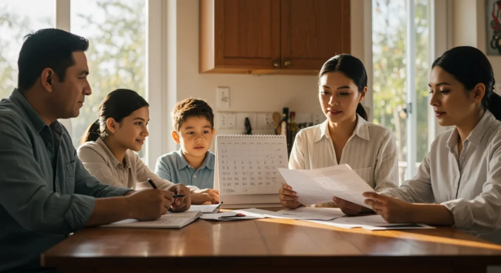 Familia mexicana revisando documentos financieros y presupuesto personal para el año 2026, preparándose para los cambios fiscales.