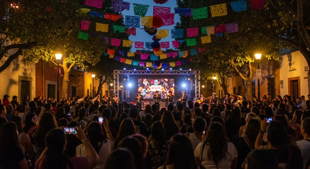 Festival mexicano vibrante al atardecer con decoraciones tradicionales y toques digitales.