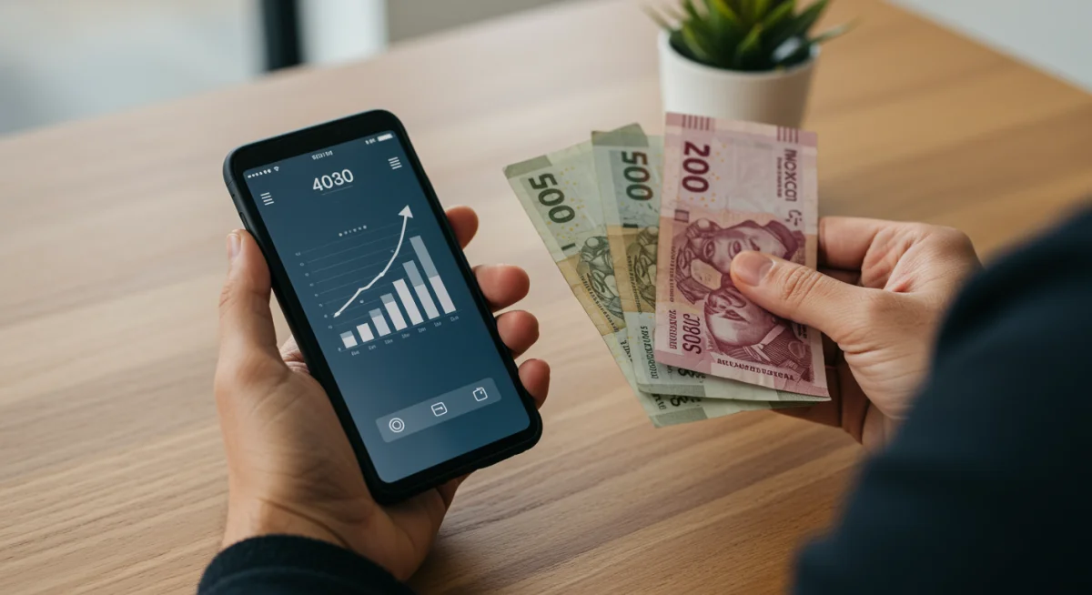 Persona gestionando finanzas y mostrando aumento de ingresos con billetes mexicanos y app móvil.