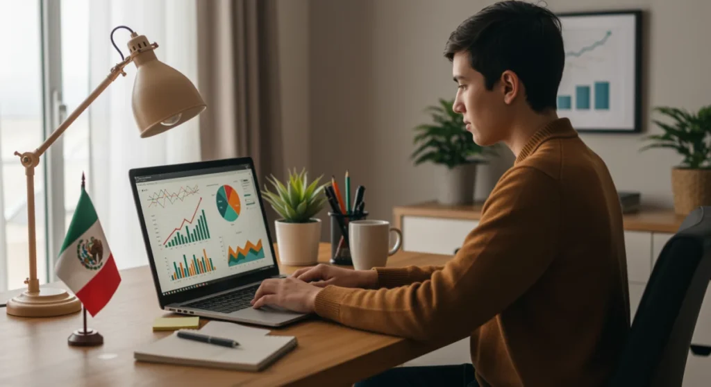 Persona trabajando en home office en México, generando ingresos extra y mejorando sus finanzas personales.