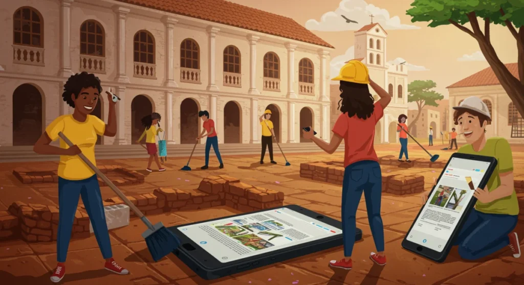 Jóvenes de la Generación Z participando activamente en la conservación de un sitio histórico, mostrando interés y compromiso con el patrimonio cultural.