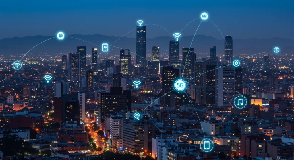 Paisaje urbano mexicano futurista con señales 5G, representando la conectividad avanzada y el crecimiento empresarial.