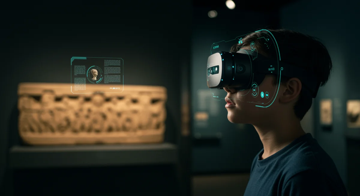Joven utilizando realidad aumentada para explorar un artefacto histórico, demostrando la integración de la tecnología en la educación patrimonial.