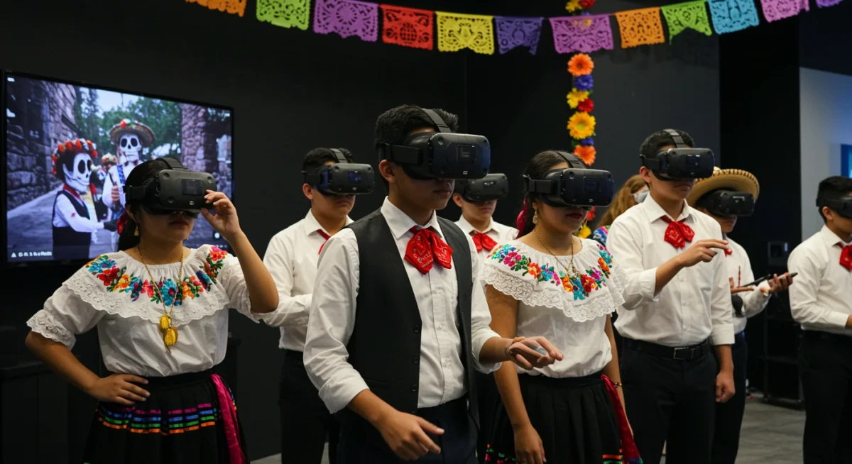 Jóvenes experimentando una festividad mexicana tradicional a través de realidad virtual.