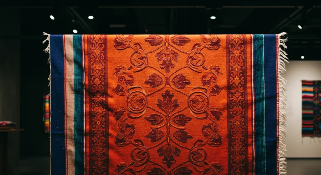 Textil artesanal mexicano vibrante con patrones complejos, mostrando la riqueza cultural.