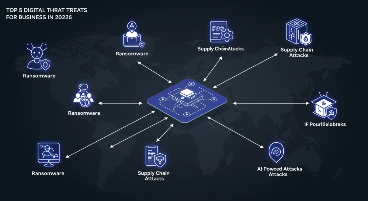 Infografía de las 5 amenazas digitales más relevantes para empresas en México en 2026.