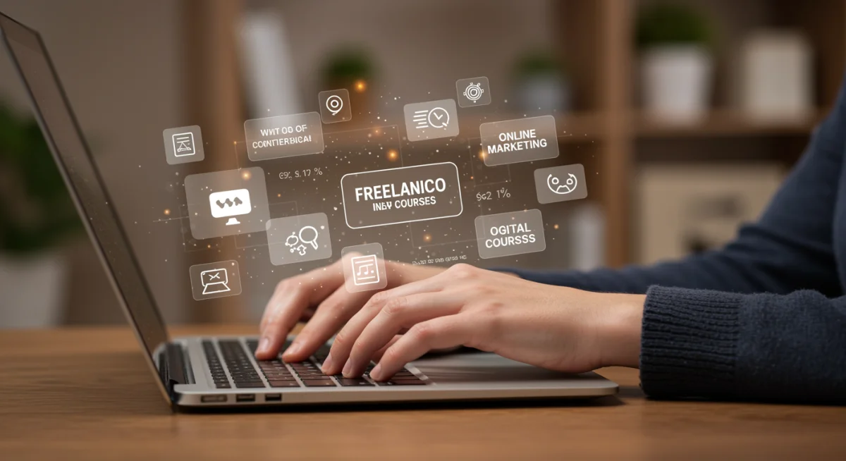 Manos escribiendo en un teclado de laptop, simbolizando trabajo freelance y oportunidades digitales.