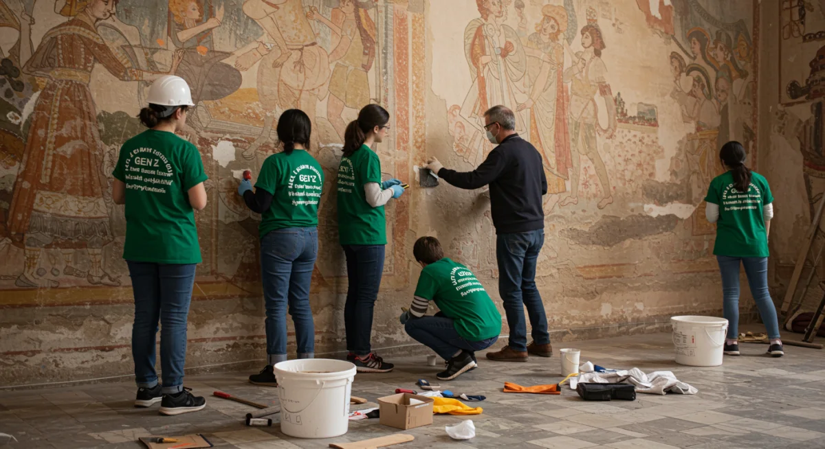 Voluntarios de la Generación Z colaborando en la restauración de un mural histórico, aprendiendo técnicas de conservación y trabajando en equipo.